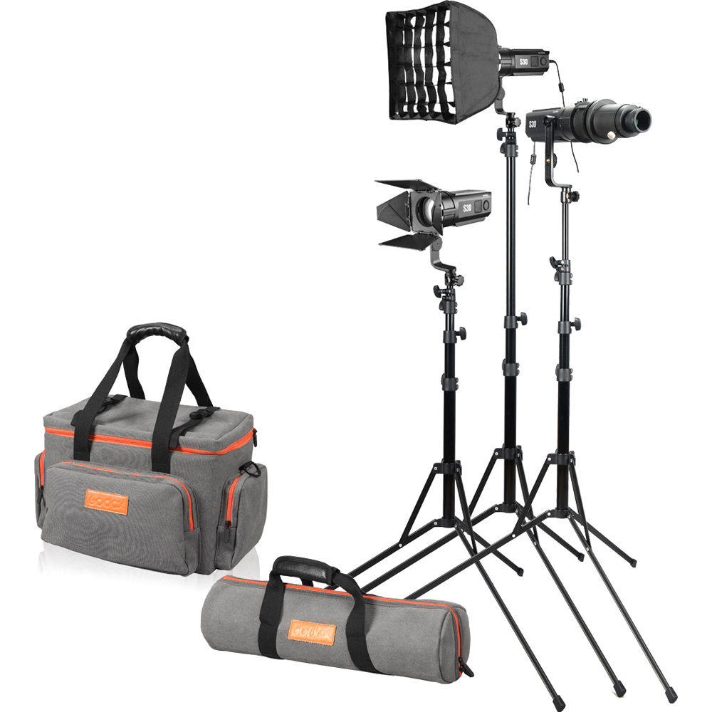 Godox SA-D S30 Focusing LED 3-Light Kit 3x S30 Light, 3x Light Stand, 1x Projection Attachment, 2x Softbox